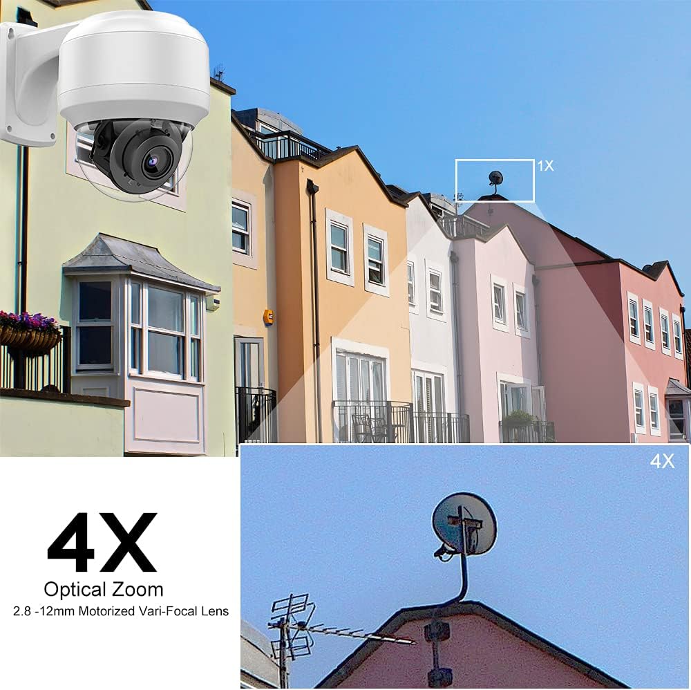 5MP PTZ PoE Dome IP Camera Outdoor with Mic/Audio, 4X Optical Zoom, 164ft Night Vision, H.265, IP67 Waterproof N174875