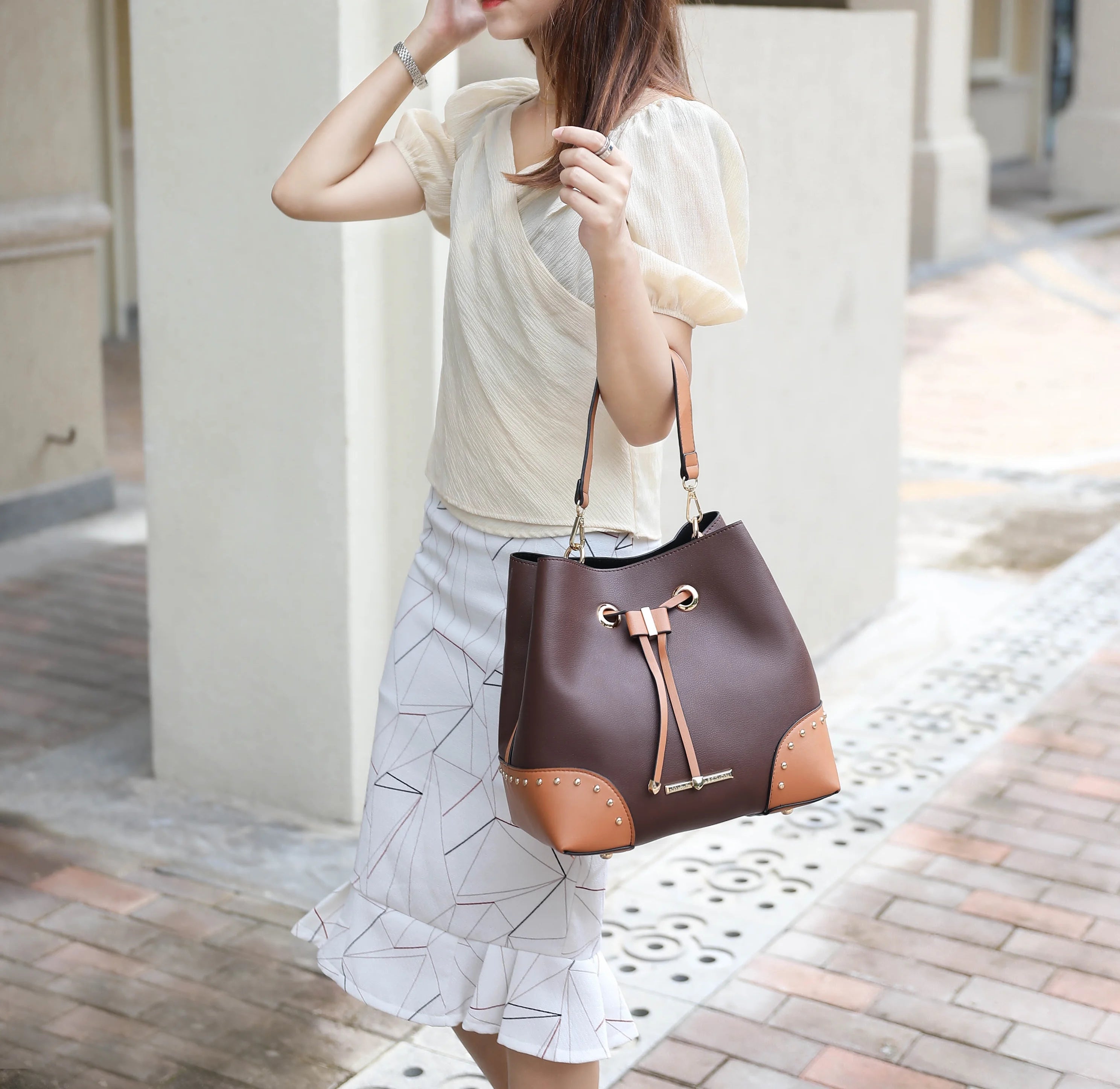 Coffee Cognac Vegan Leather Bucket Bag and Wristlet Wallet 2-Piece Set S6448
