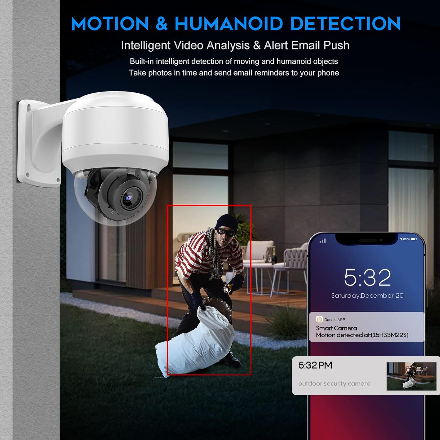 5MP PTZ PoE Dome IP Camera Outdoor with Mic/Audio, 4X Optical Zoom, 164ft Night Vision, H.265, IP67 Waterproof N174875