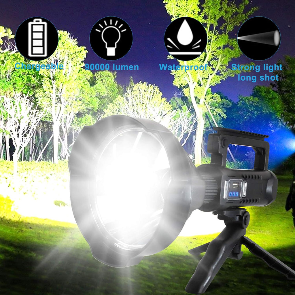Rechargeable LED Spotlight Flashlights 90000 Lumens XHP90.2 Super Bright Searchlight with 4 Modes IPX5 Waterproof Large Flashlight with Tripod J932