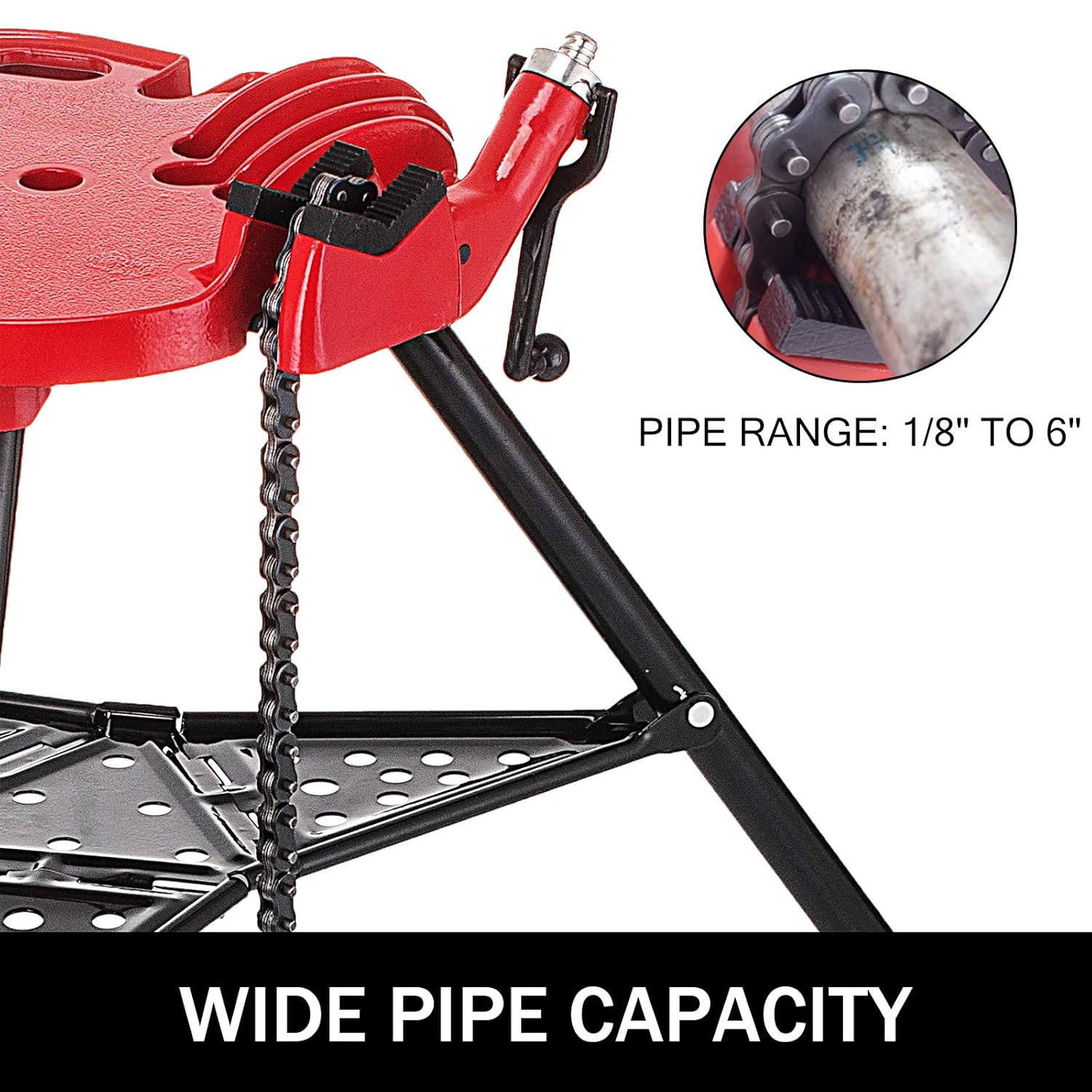 Tripod Pipe Chain Vise with Pipe Stand, Portable Foldable Steel Legs, Tool Tray F6980