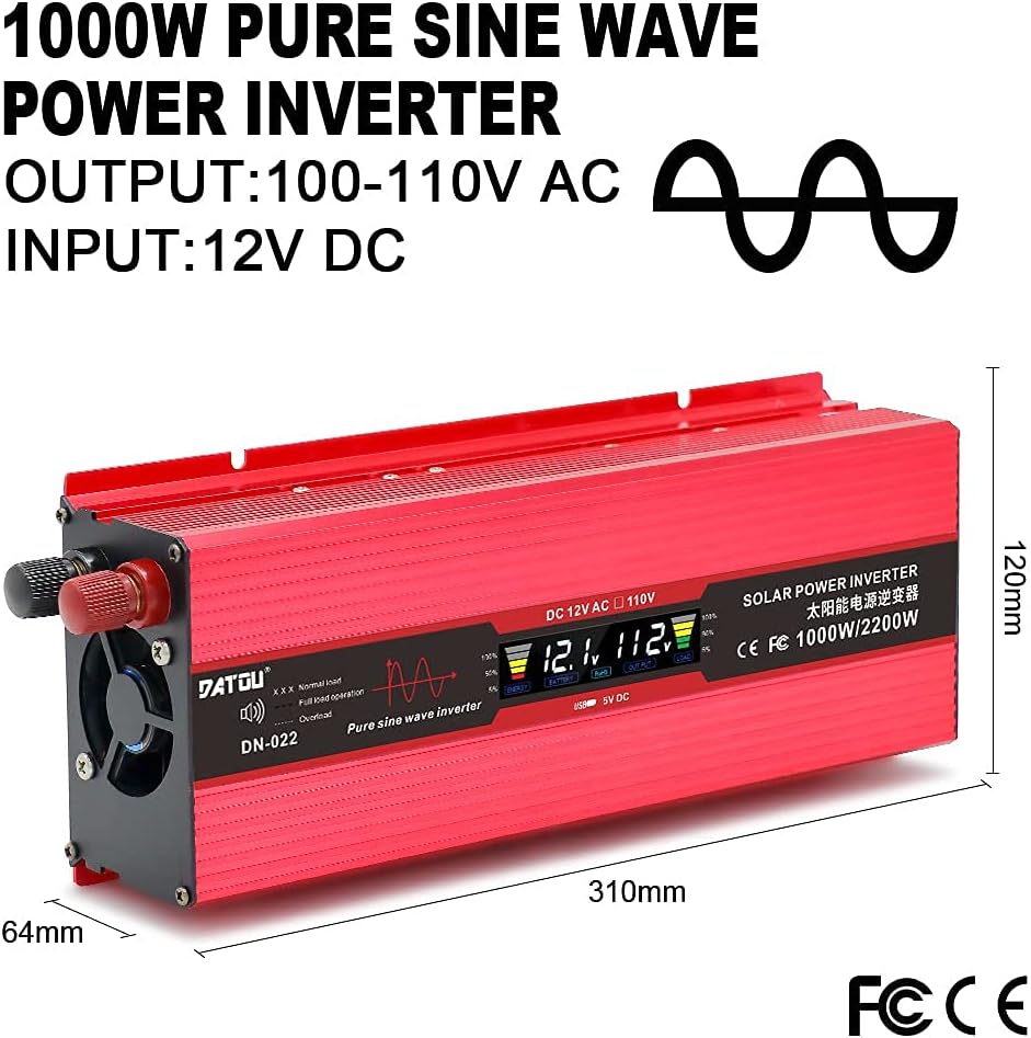 1000W Pure Sine Wave Power Inverter 12V 110V DC to AC Car Inverter with LED Display R311248