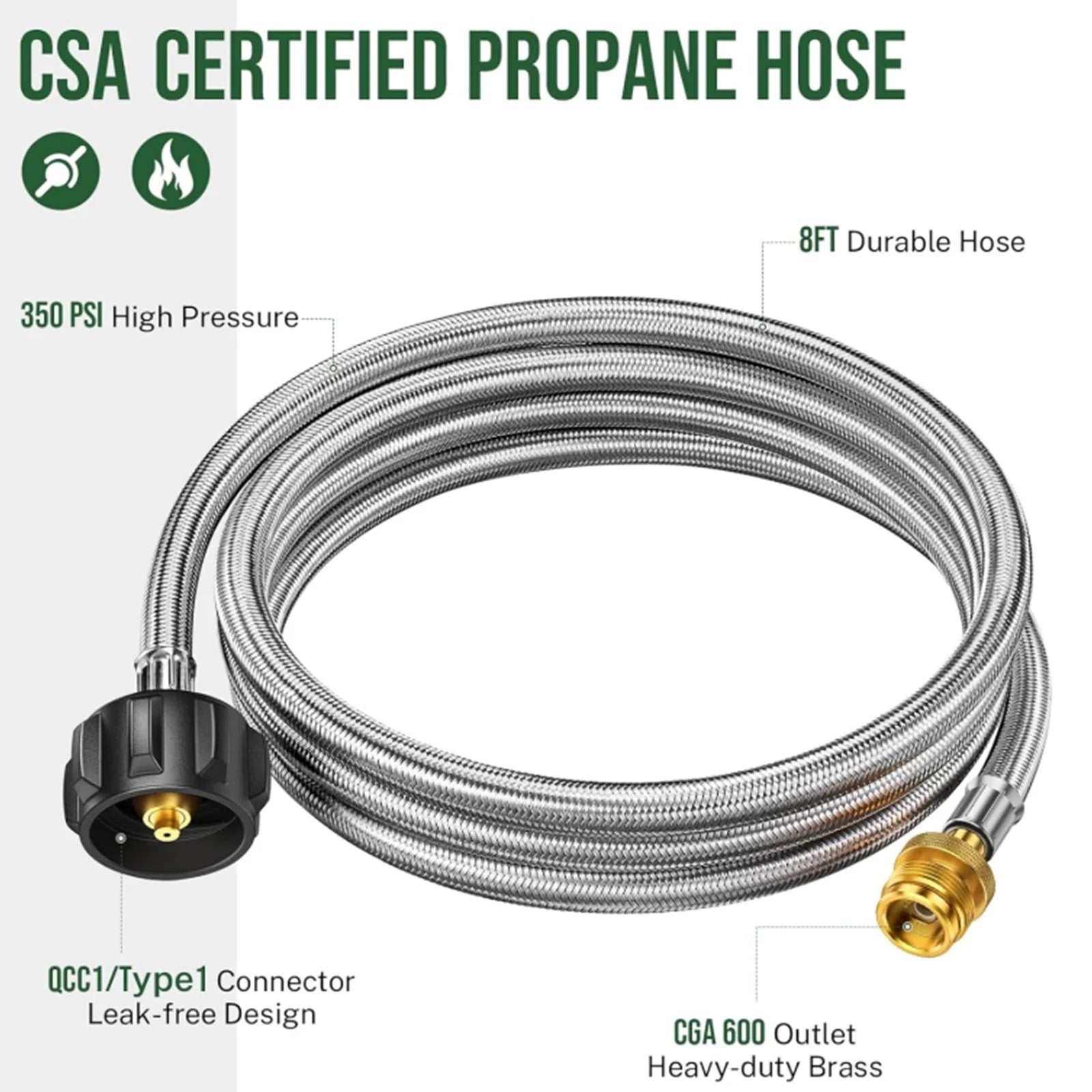 Propane Adapter Hose 8FT, 1 lb to 20 lb Propane Tank Hose Y104
