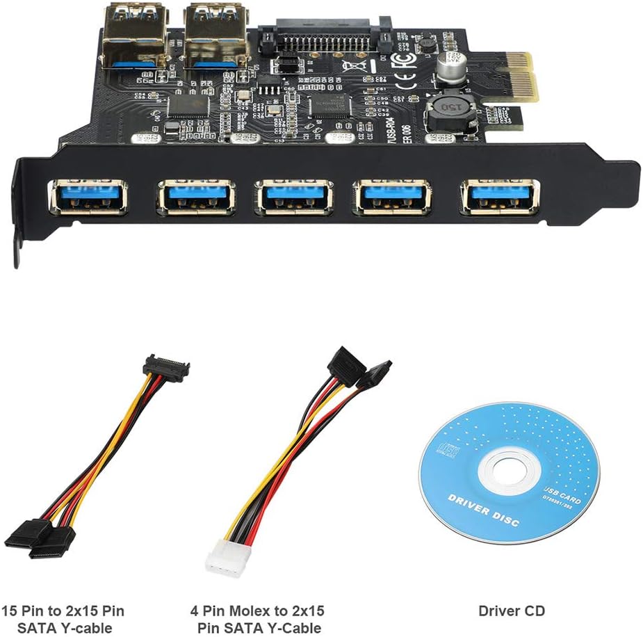 USB PCIe to USB 3.0 7 Ports Expansion Card with 15-Pin SATA Power Connector, Pack of 2 I993450