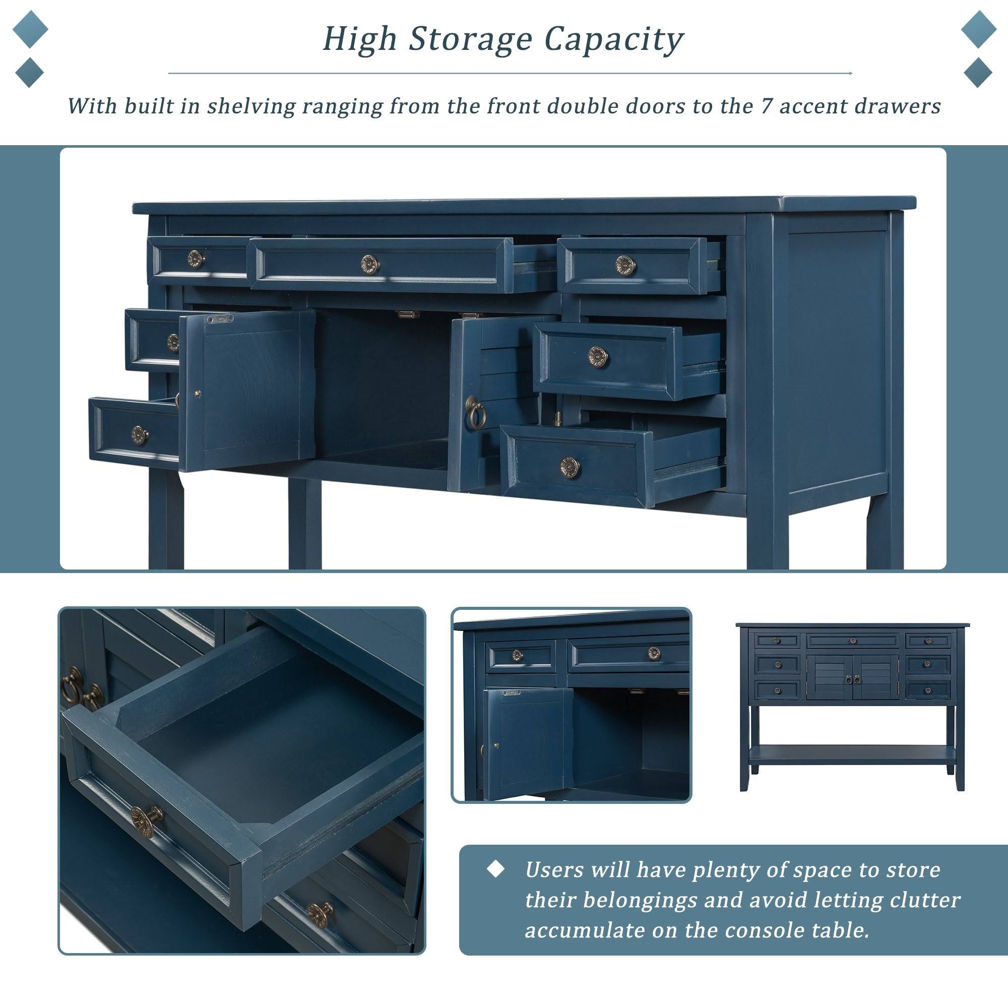 Blue Wood Console Table with 7 Storage Drawers and 1 Shelf Z7205
