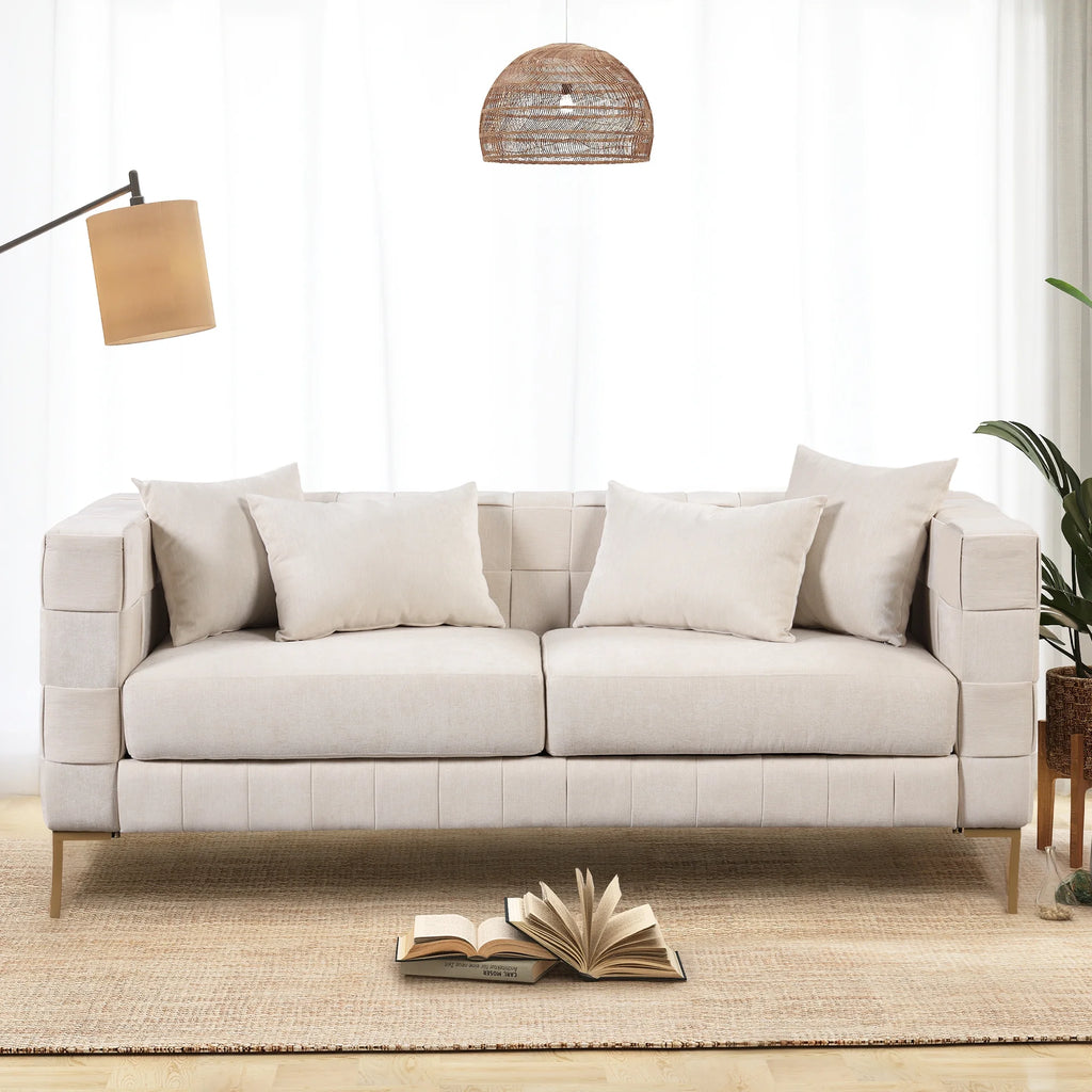 Beige Upholstered Sofa with 4 Pillows and Golden Metal Legs I350618