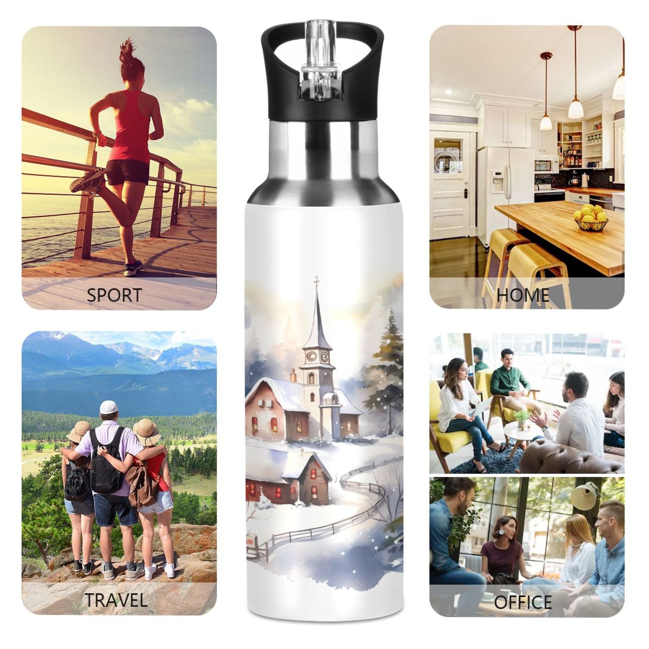 Stainless Steel Insulated Thermos Vacuum Flask Water Bottle with Straw Lid D3146