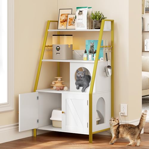 Gold White Wooden Cat Litter Box Enclosure with Shelves O472