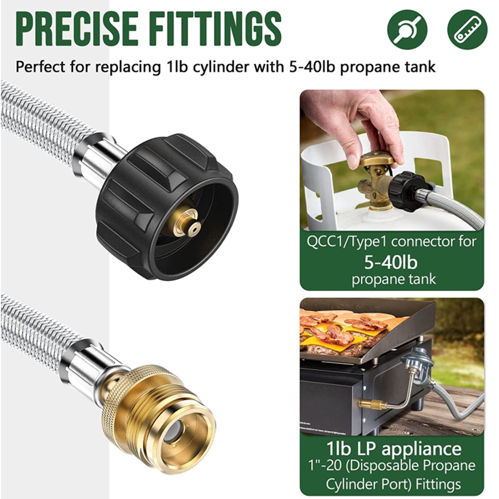 Propane Adapter Hose 8FT, 1 lb to 20 lb Propane Tank Hose Y104