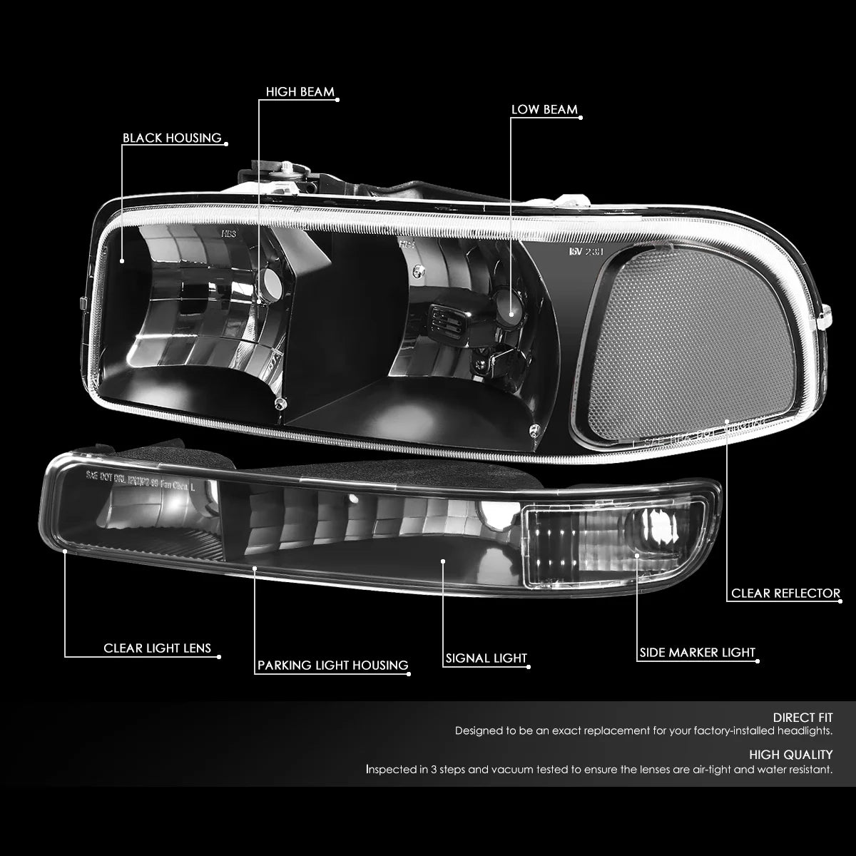Black Housing Headlight and Clear Corner Bumper Light N845