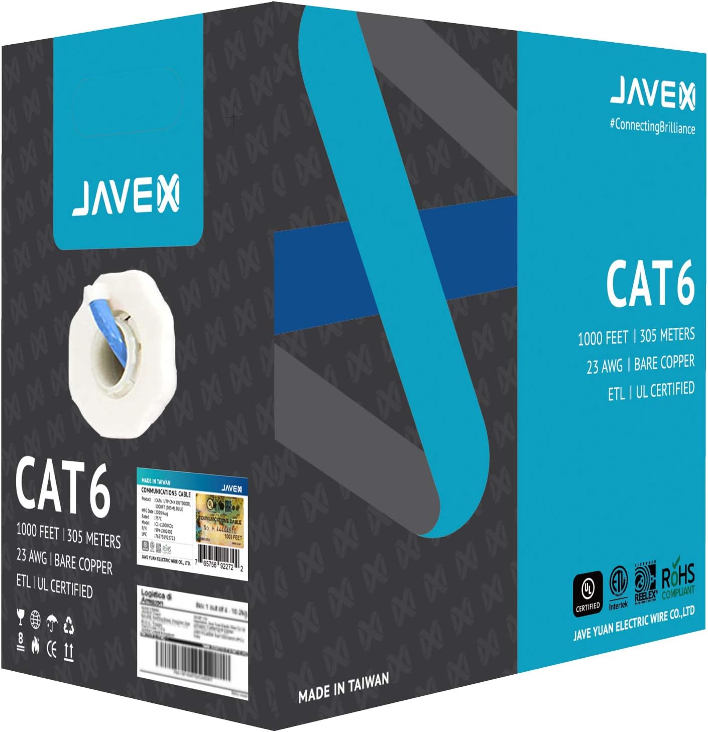 23AWG CAT6 UL in-Wall Rated Bare Copper 600MHz UTP Ethernet Bulk Cable, 1000 Feet, Blue O648374