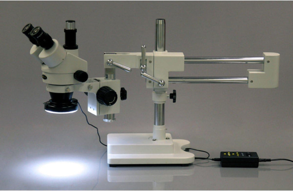 Trinocular Stereo Zoom Microscope, 3.5X-90X Magnification, 0.7X-4.5X Zoom Objective, LED Ring Light, Double-Arm Boom Stand, 0.5X and 2.0X Barlow Lens H62324