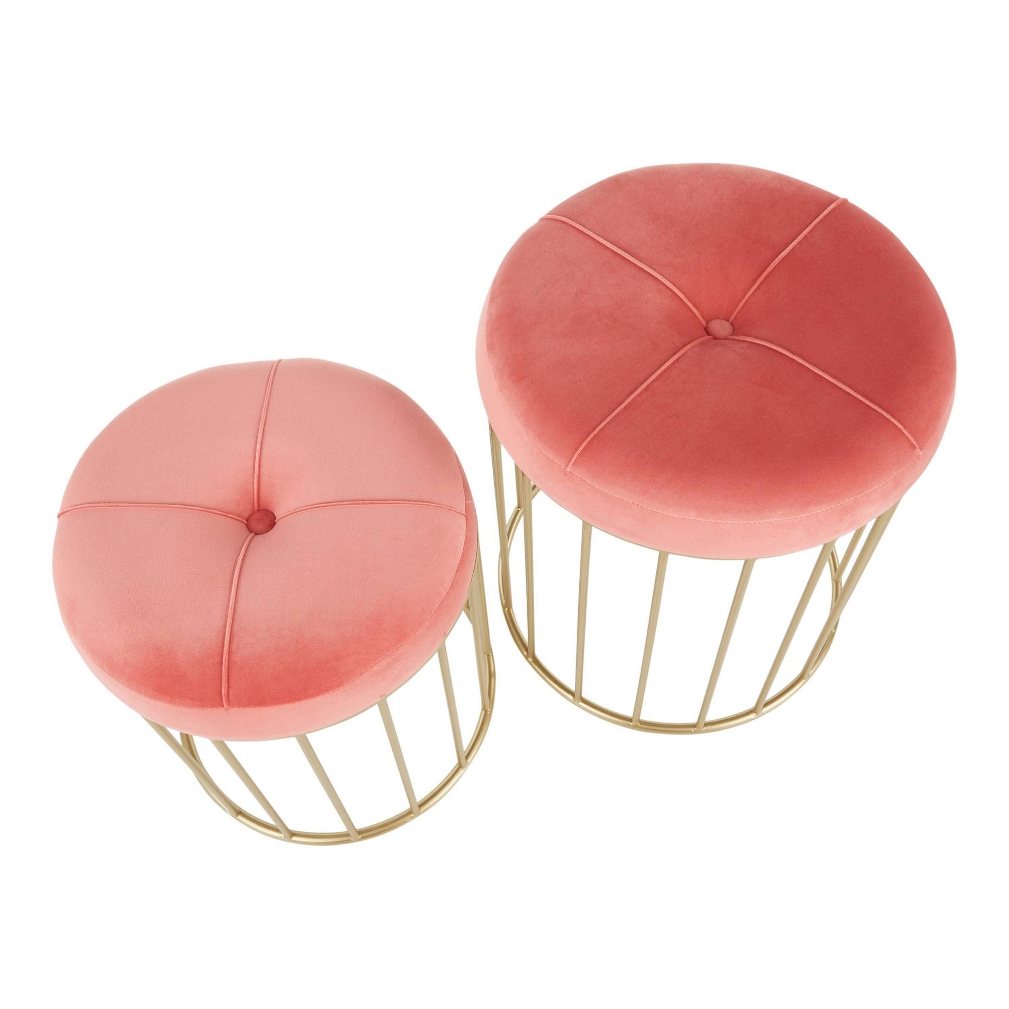 Gold Metal Pink Velvet Nesting Ottoman Set G4828