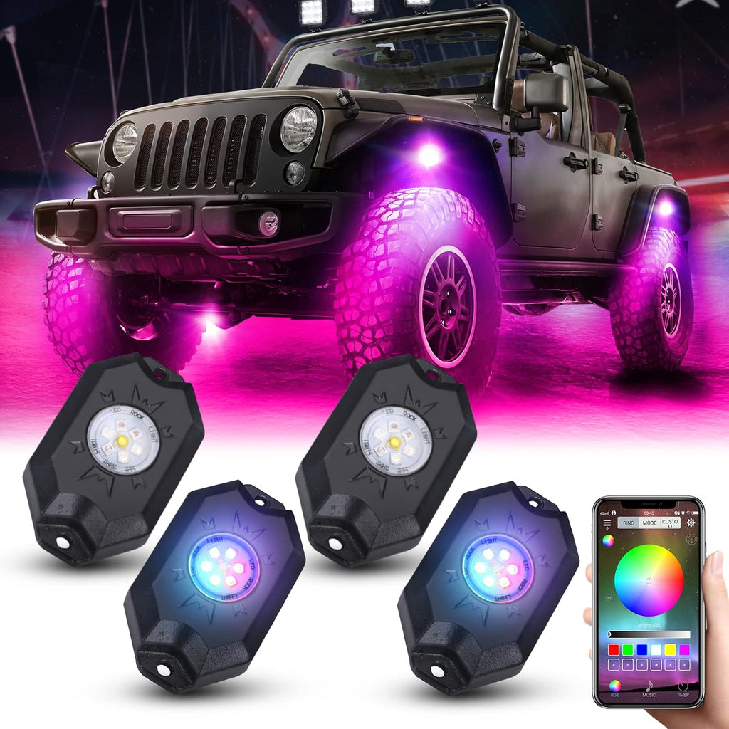 RGBW LED Rock Lights Kit, Multicolor Waterproof Neon Lights, 4 Pods Pack of 2 T719
