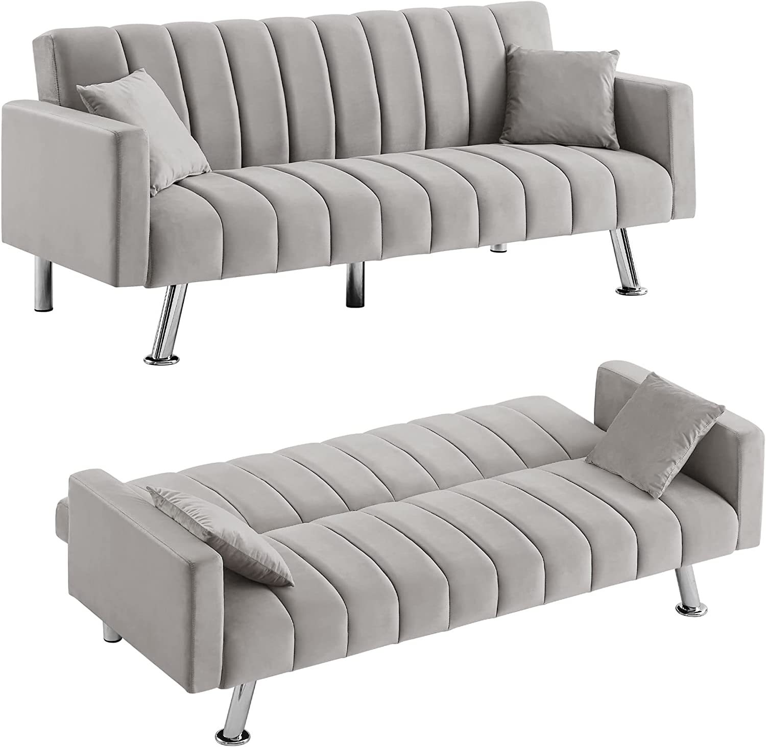Gray Velvet Convertible Sofa Bed with 2 Pillows A8649