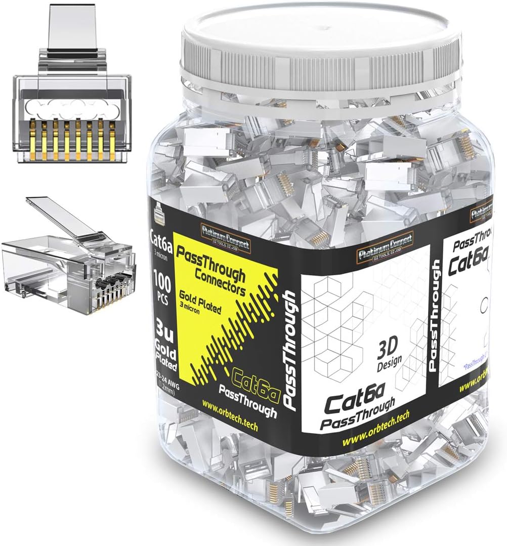 Cat6 Passthrough RJ45 Connectors, 100 PCS, Gold Plated 3 Micron F4865