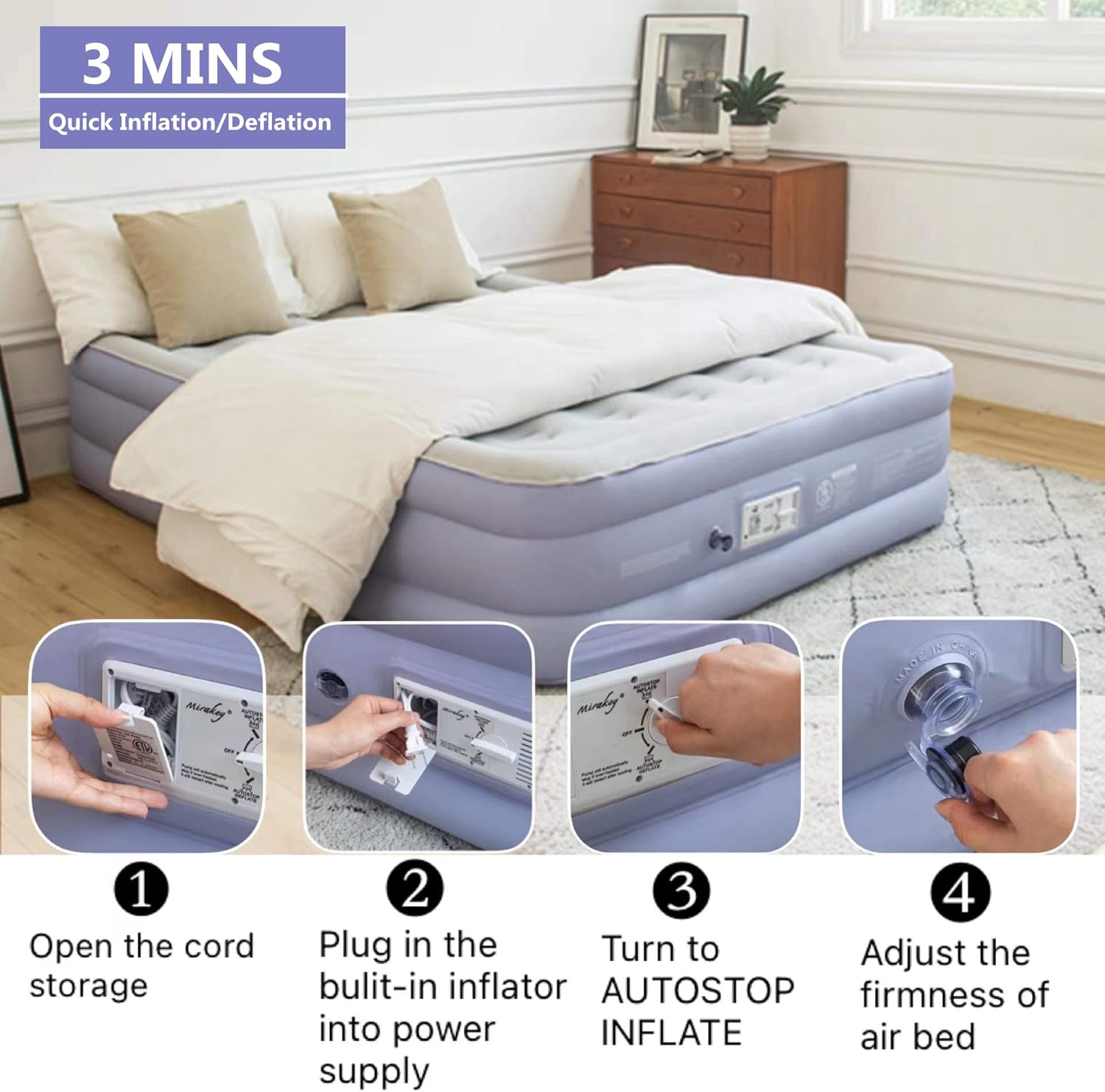 Light Blue White Velvet Flocked Twin Air Mattress with Built in Pump B16281