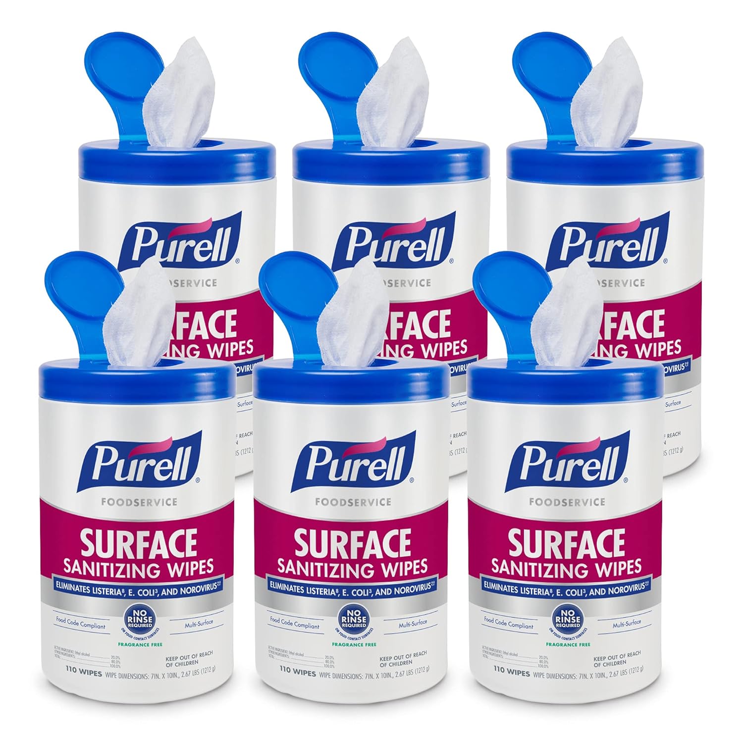 Fragrance Free Surface Sanitizing Wipes, 110 Count Canister, 7"x 10" Wipes, Pack of 6 X77234