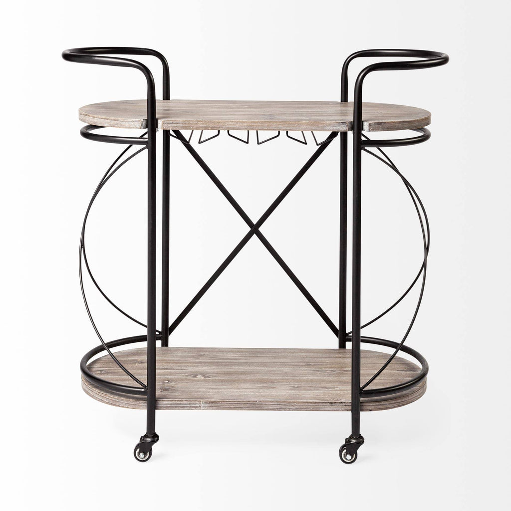 Black Metal Frame Two Tier Wood Shelves Bar Cart L56099