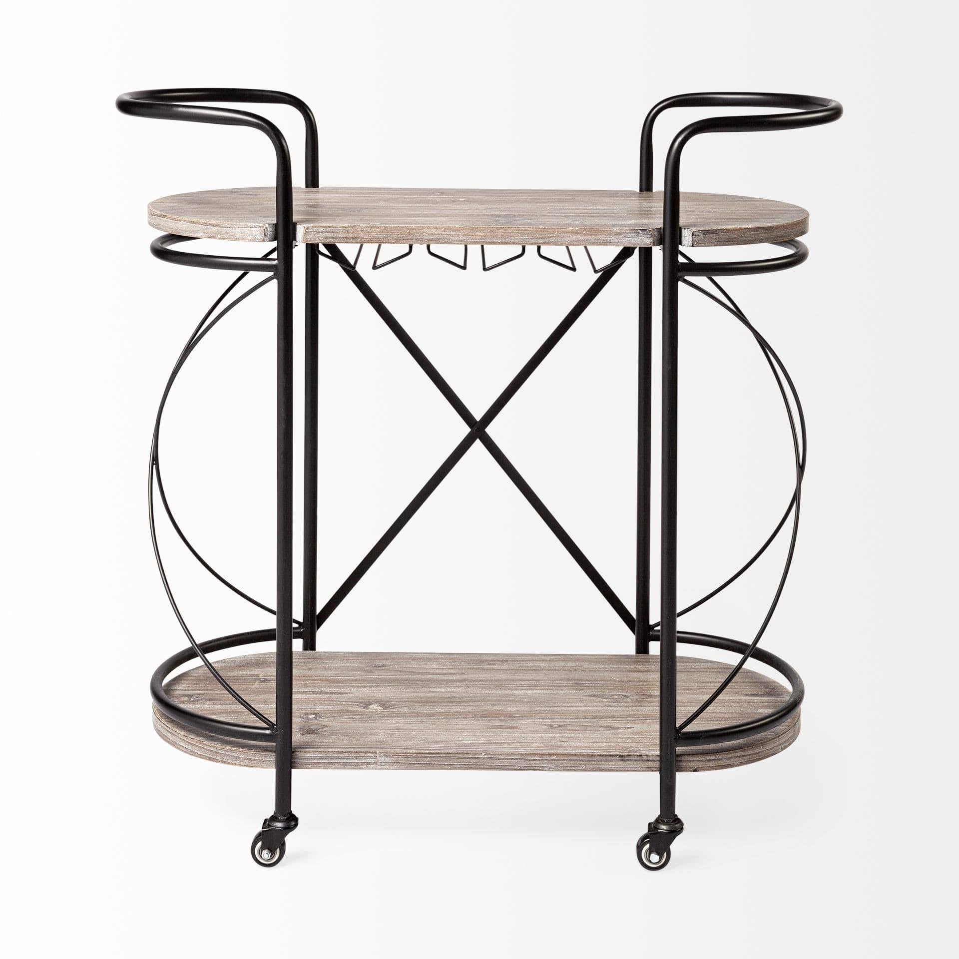 Black Metal Frame Two Tier Wood Shelves Bar Cart L56099