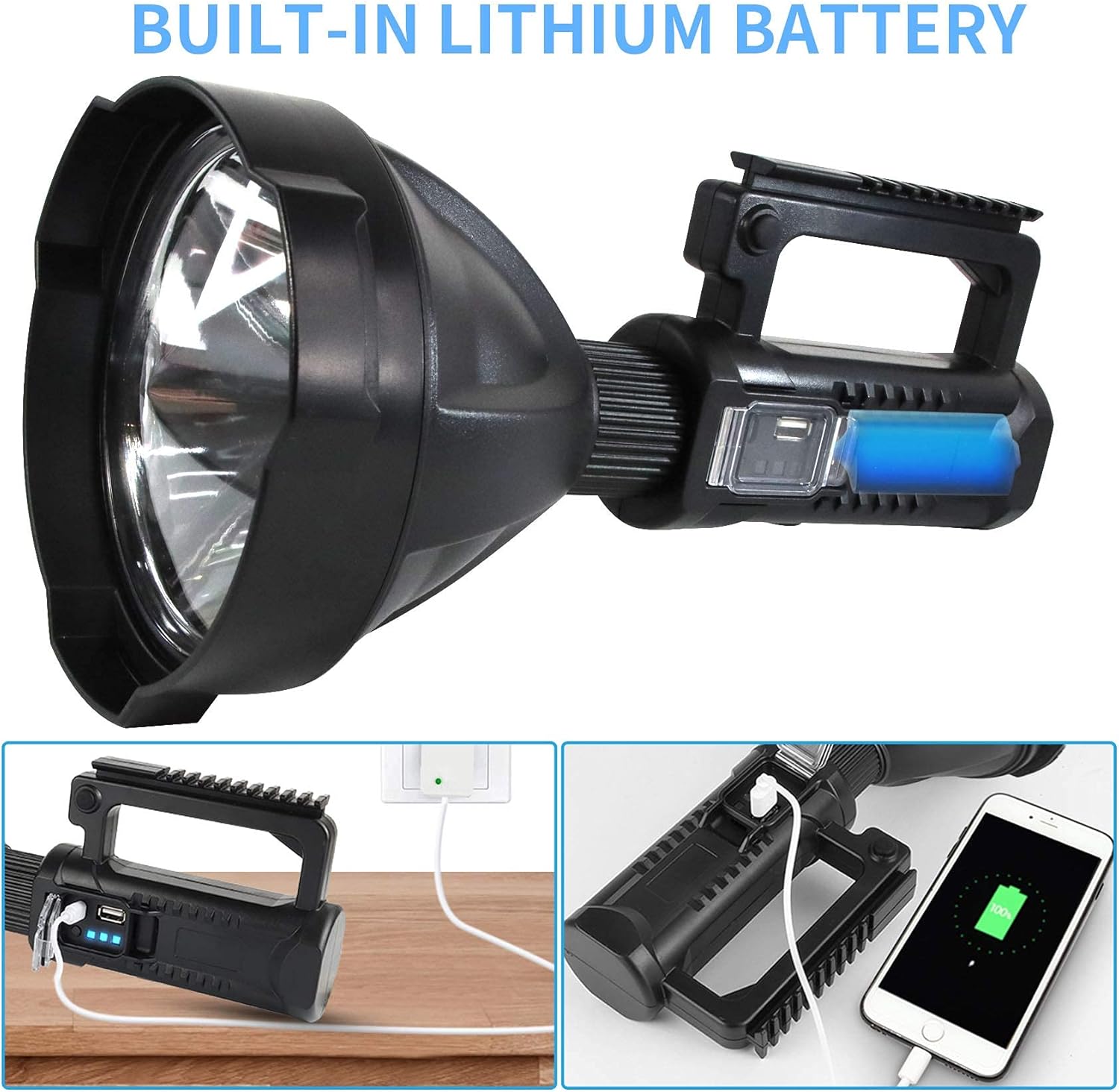 Rechargeable LED Spotlight Flashlights 90000 Lumens XHP90.2 Super Bright Searchlight with 4 Modes IPX5 Waterproof Large Flashlight with Tripod J932