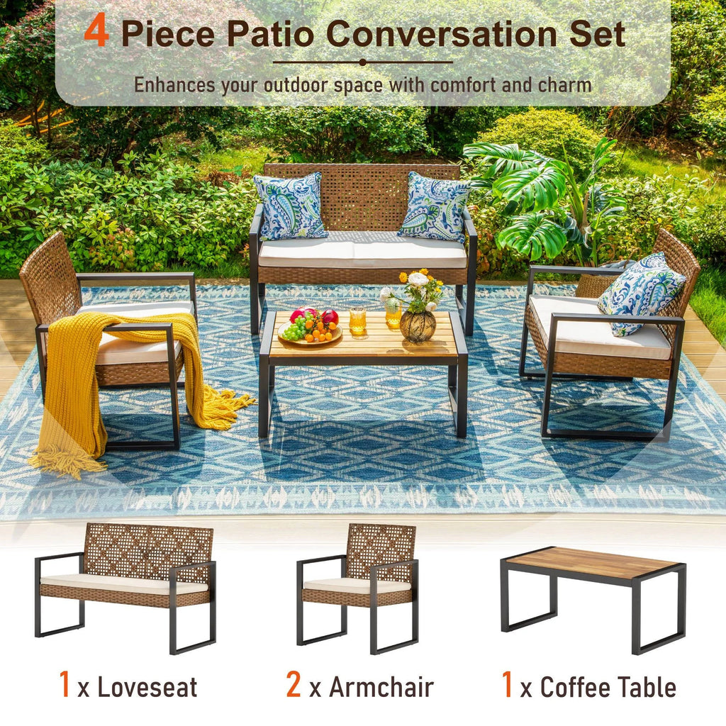 Beige 4 Piece Wicker Outdoor Conversation Set O9577
