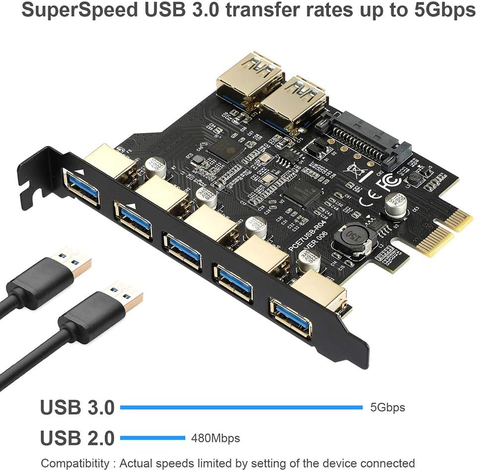 USB PCIe to USB 3.0 7 Ports Expansion Card with 15-Pin SATA Power Connector, Pack of 2 I993450
