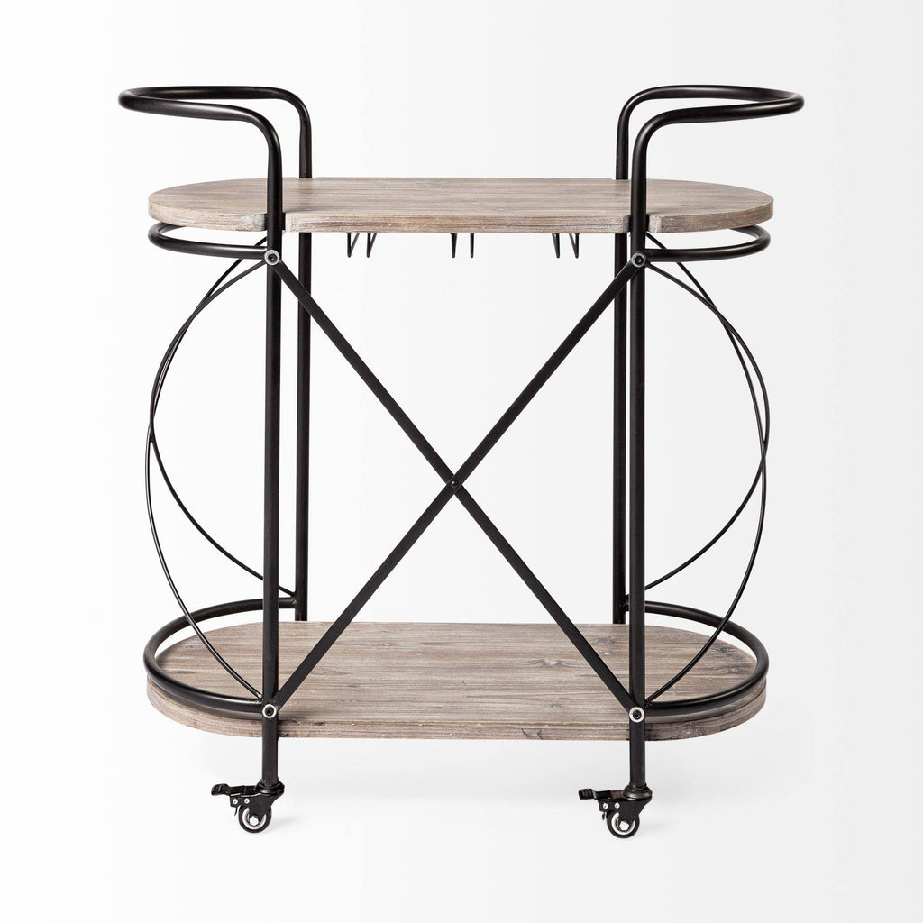 Black Metal Frame Two Tier Wood Shelves Bar Cart L56099