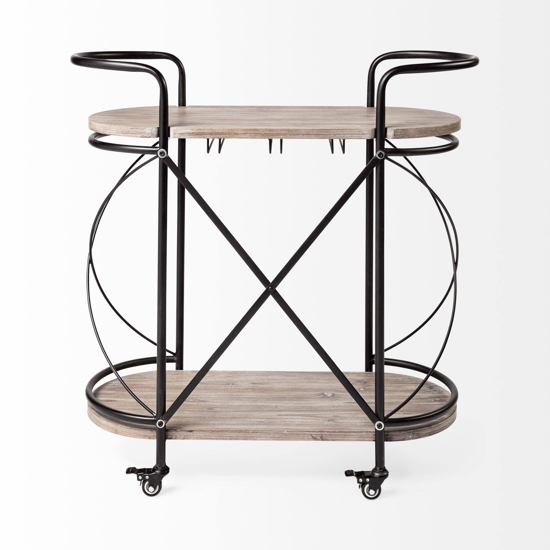 Black Metal Frame Two Tier Wood Shelves Bar Cart L56099