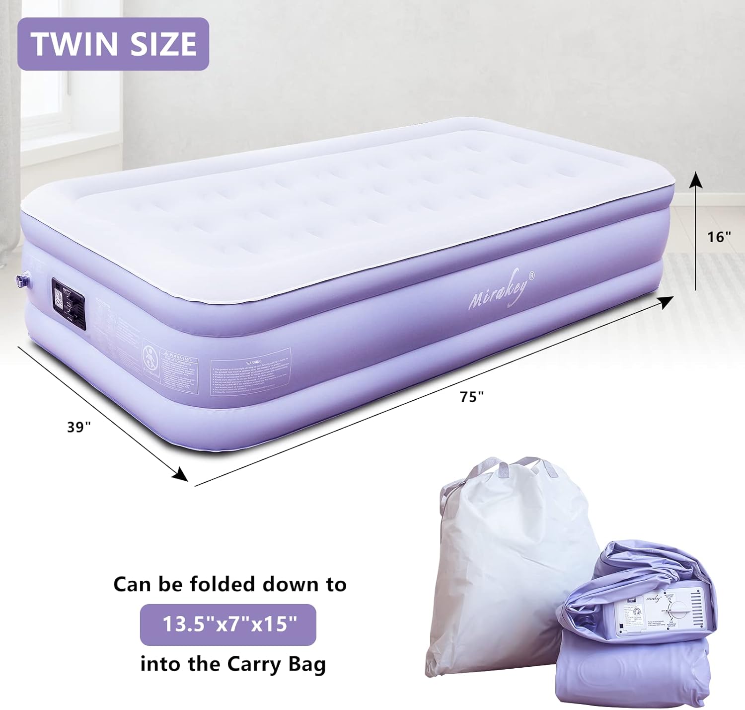 Light Blue White Velvet Flocked Twin Air Mattress with Built in Pump B16281