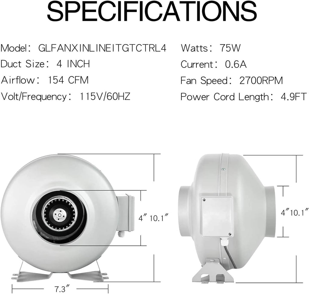 4 Inch 154 CFM Inline Ventilation Fan with Variable Speed Controller and 4” Air Carbon Filter 8 Feet Ducting Combo Set F503345