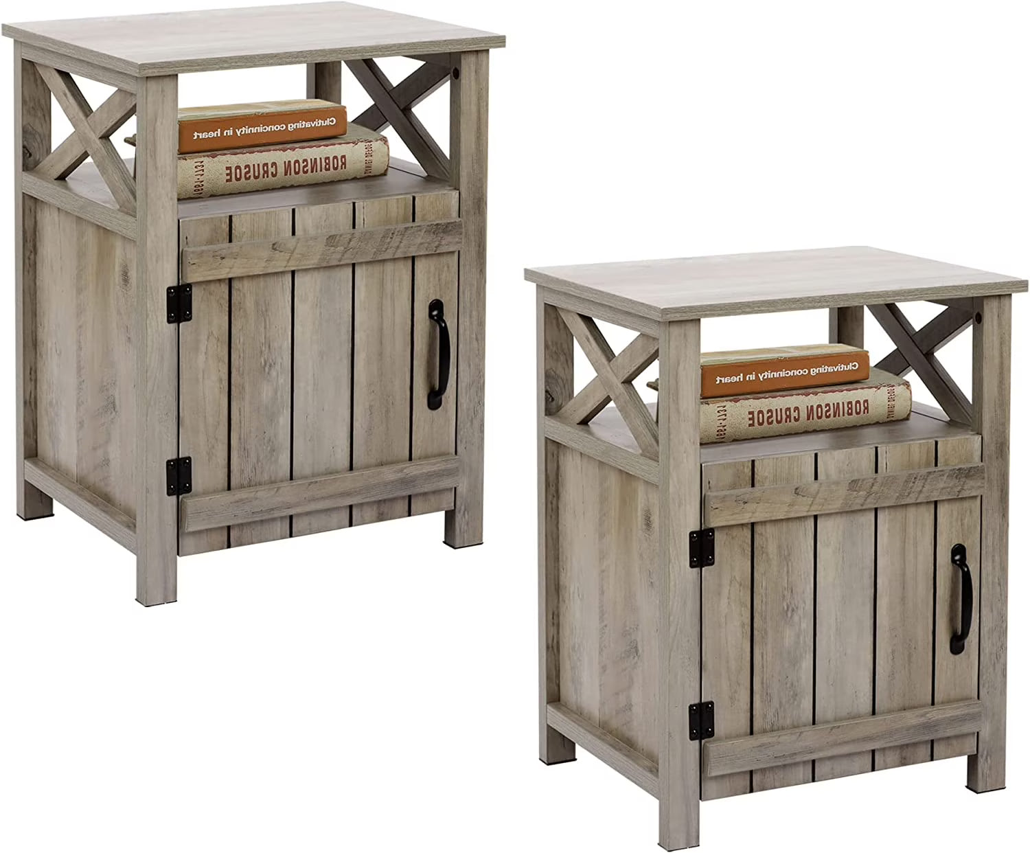 Set of 2 Rustic Farmhouse Nightstands with Barn Door and Shelf Z39427