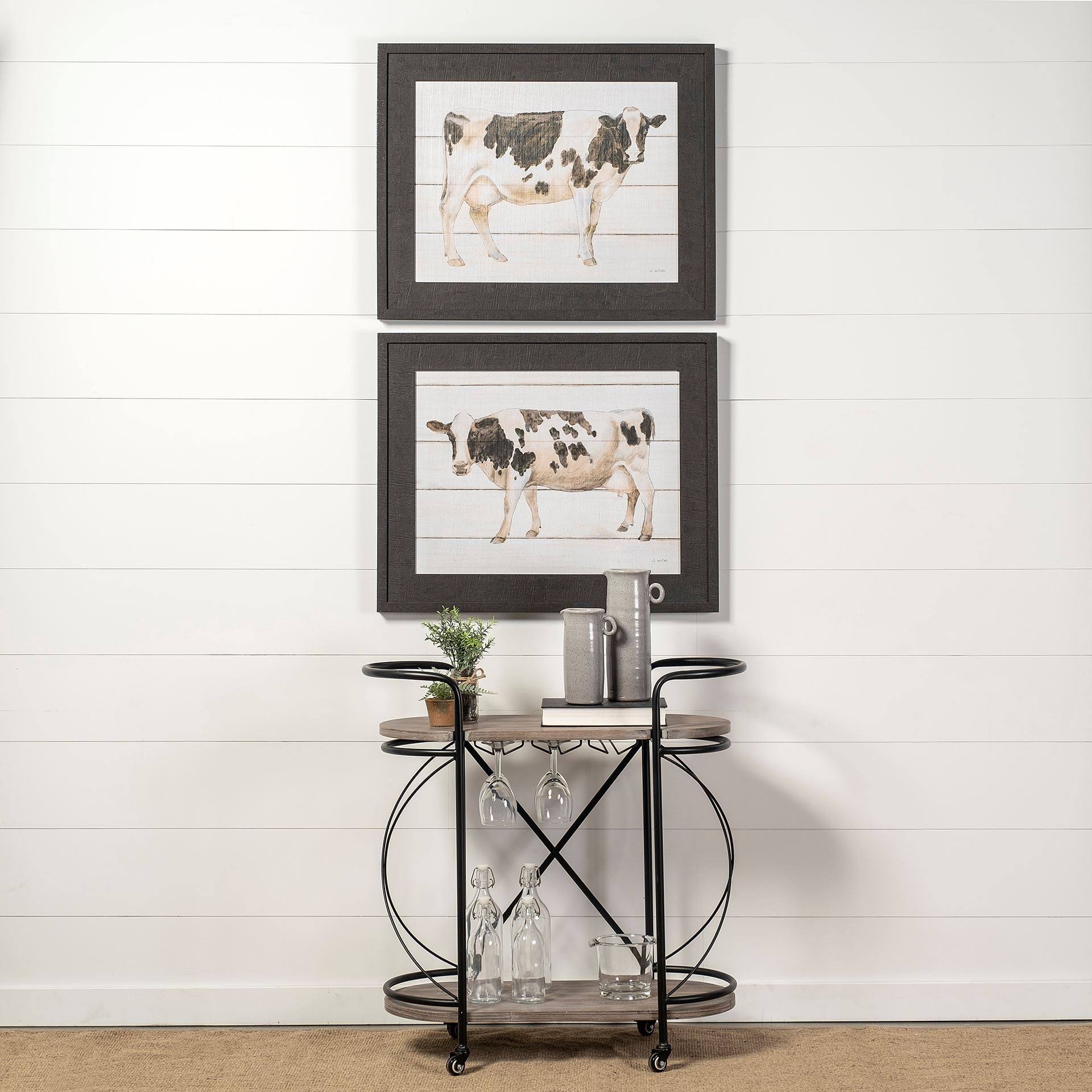 Black Metal Frame Two Tier Wood Shelves Bar Cart L56099