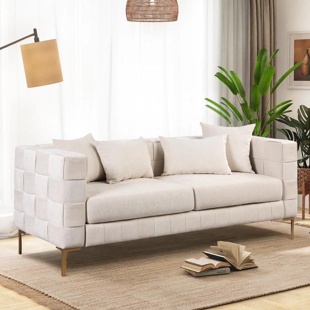 Beige Upholstered Sofa with 4 Pillows and Golden Metal Legs I350618
