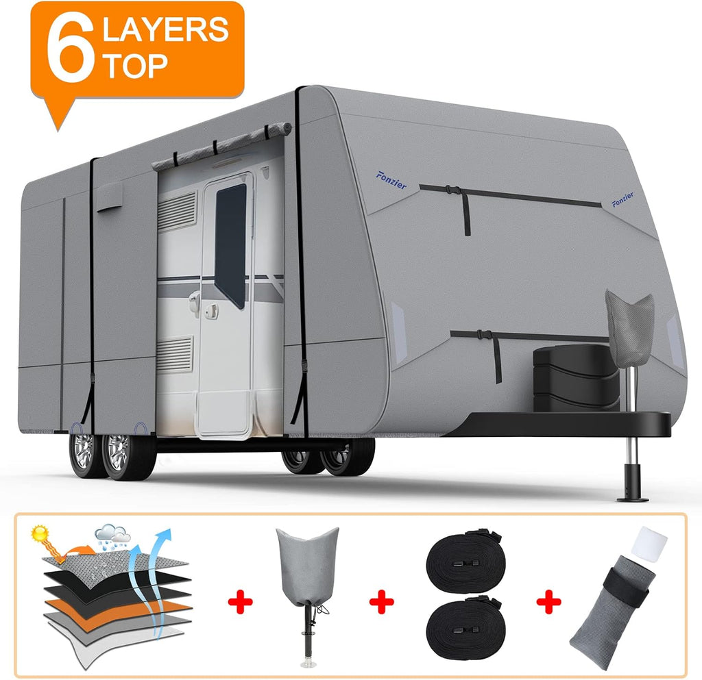 Heavy Duty 6 Layers Travel Trailer RV Cover Anti-UV Camper Cover for 24'1" - 26' Motorhome Breathable Rip-Stop with 2Pcs Extra Straps & Gutter Spout Covers J95514