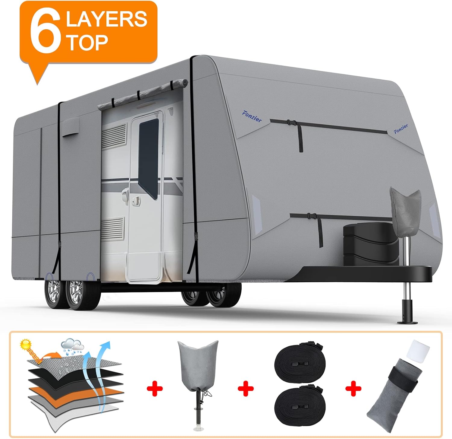 Heavy Duty 6 Layers Travel Trailer RV Cover Anti-UV Camper Cover for 24'1" - 26' Motorhome Breathable Rip-Stop with 2Pcs Extra Straps & Gutter Spout Covers J95514