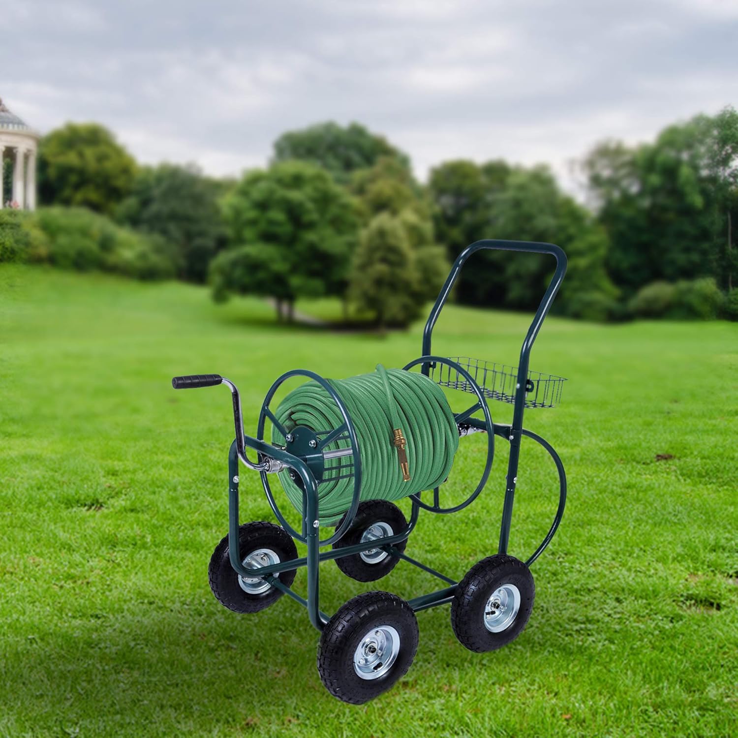 4 Wheel Garden Hose Reel Cart with Storage Basket G15026