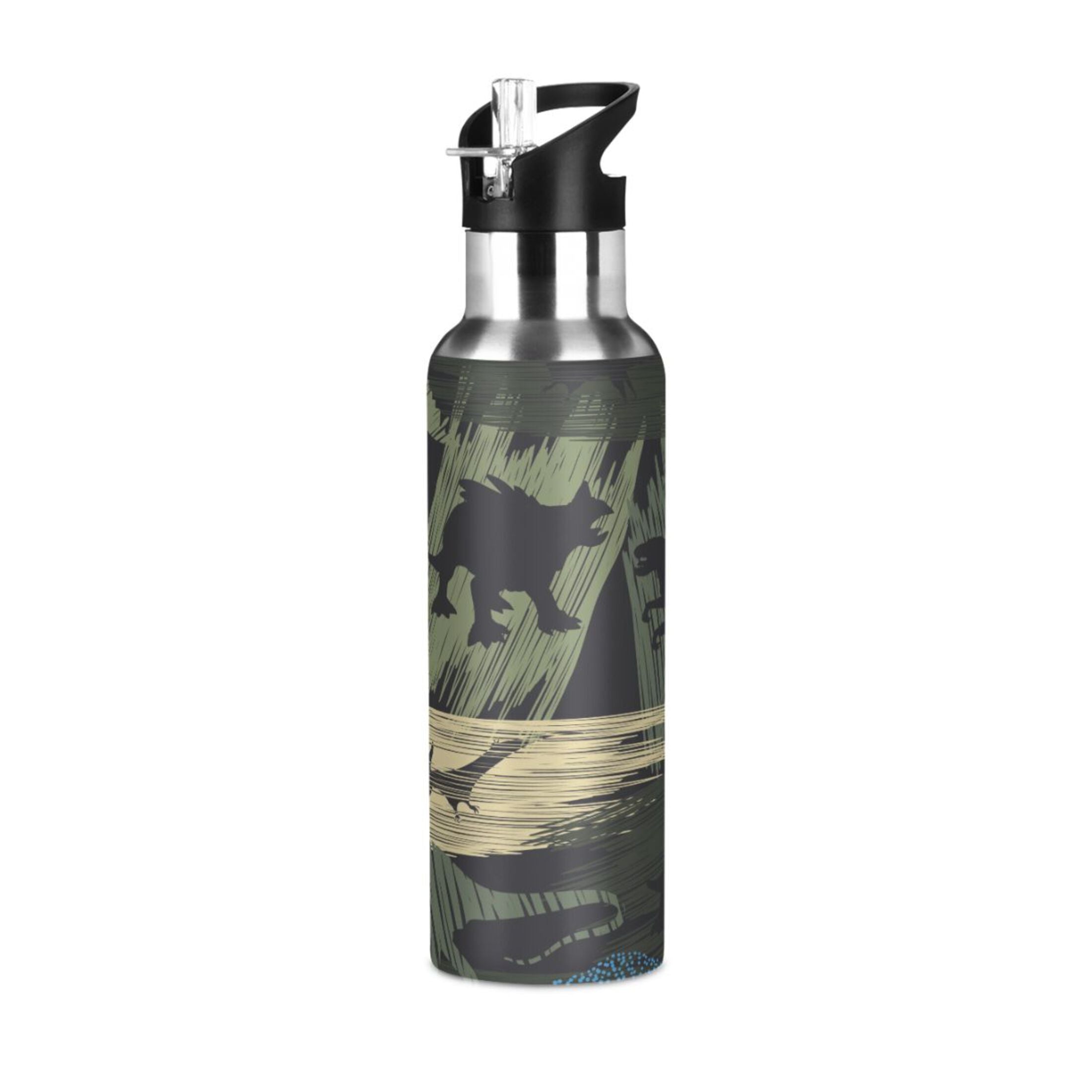 Camouflage Dinosaur Stainless Steel Water Bottle with Straw Lid, 20 OZ I726