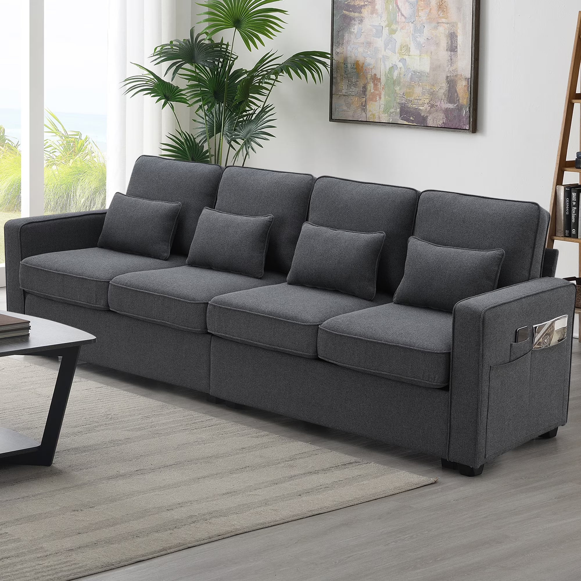 104" 4-Seater Linen Fabric Sofa with Armrest Pockets and 4 Pillows L379379