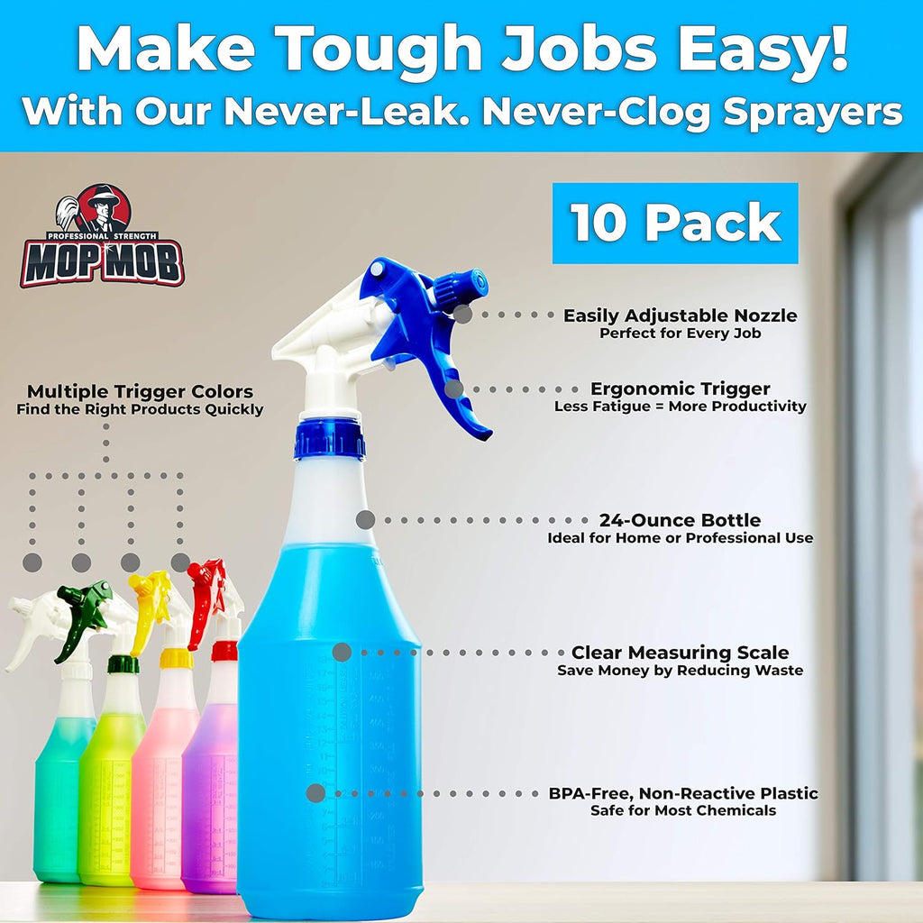Leak-Free Chemical Resistant Spray Head and 24 oz Bottle 10 Pack Heavy-Duty Industrial Sprayer with Low-Fatigue Trigger and Nozzle G9503