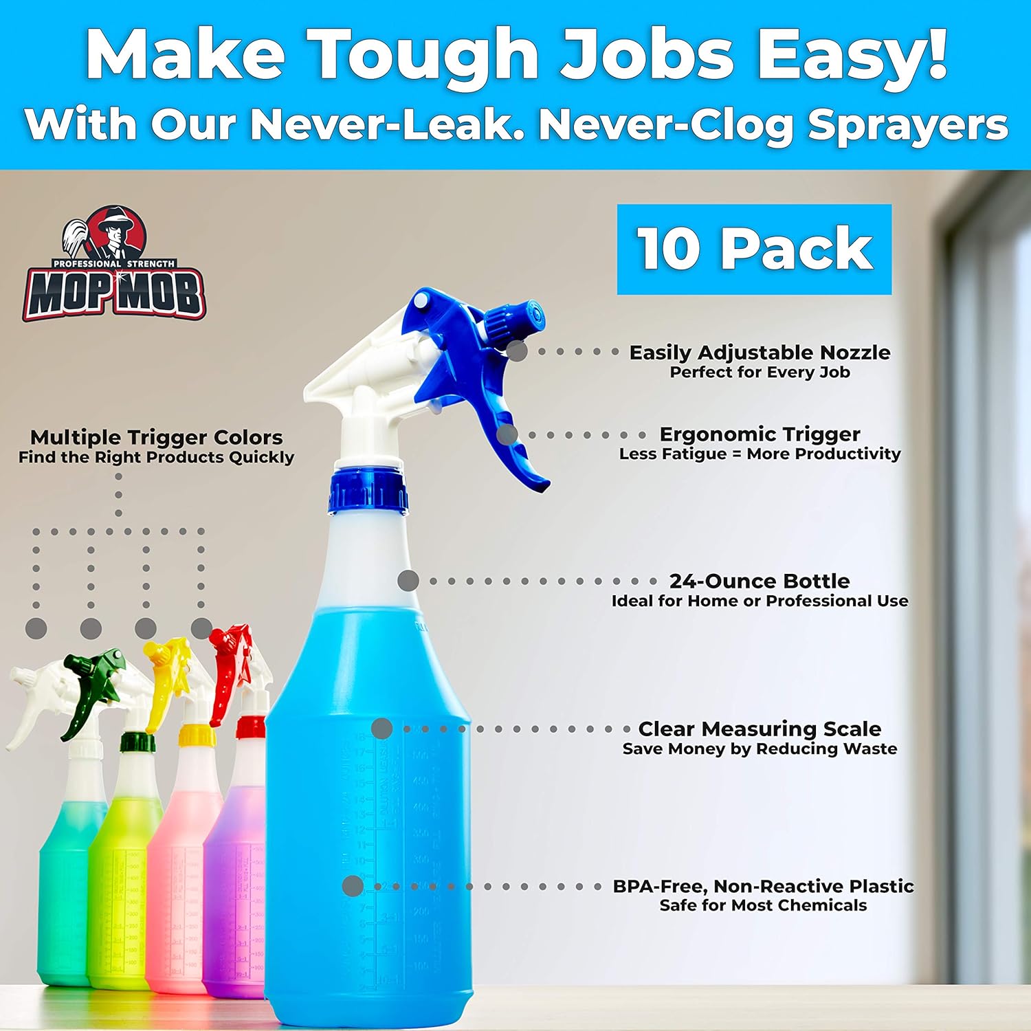Leak-Free Chemical Resistant Spray Head and 24 oz Bottle 10 Pack Heavy-Duty Industrial Sprayer with Low-Fatigue Trigger and Nozzle G9503