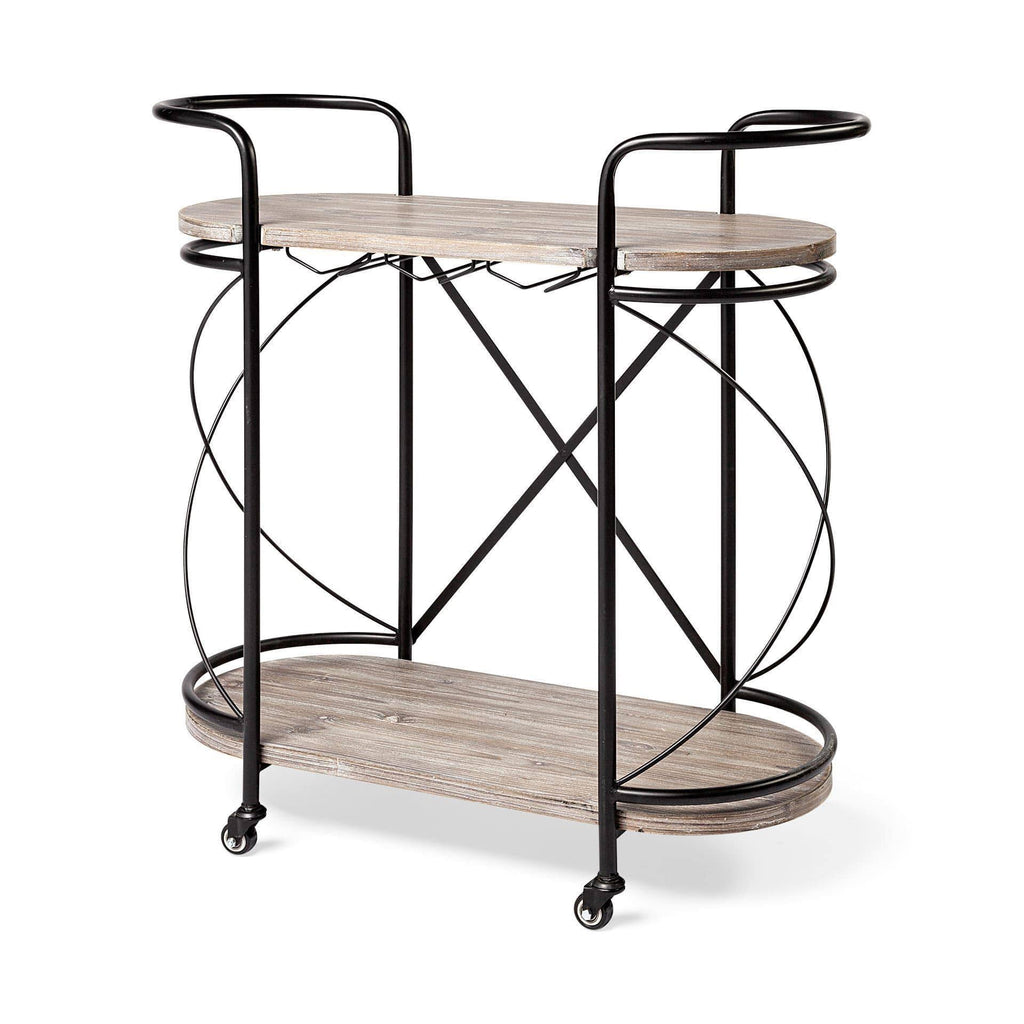 Black Metal Frame Two Tier Wood Shelves Bar Cart L56099