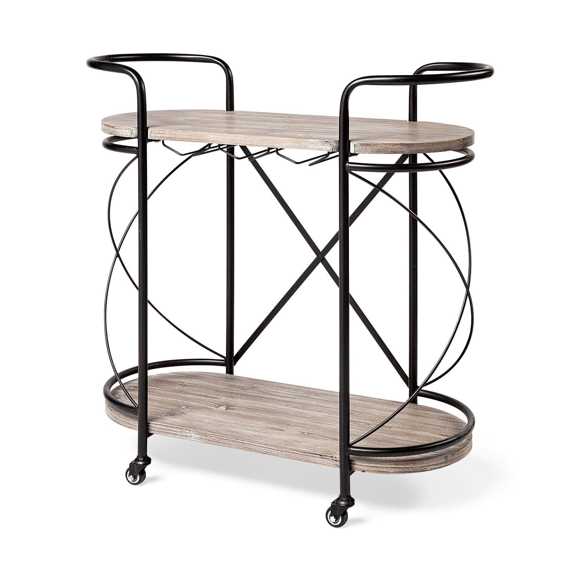 Black Metal Frame Two Tier Wood Shelves Bar Cart L56099