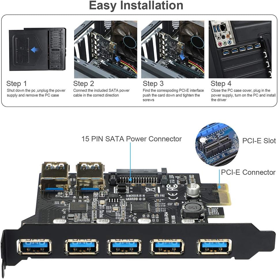 USB PCIe to USB 3.0 7 Ports Expansion Card with 15-Pin SATA Power Connector, Pack of 2 I993450
