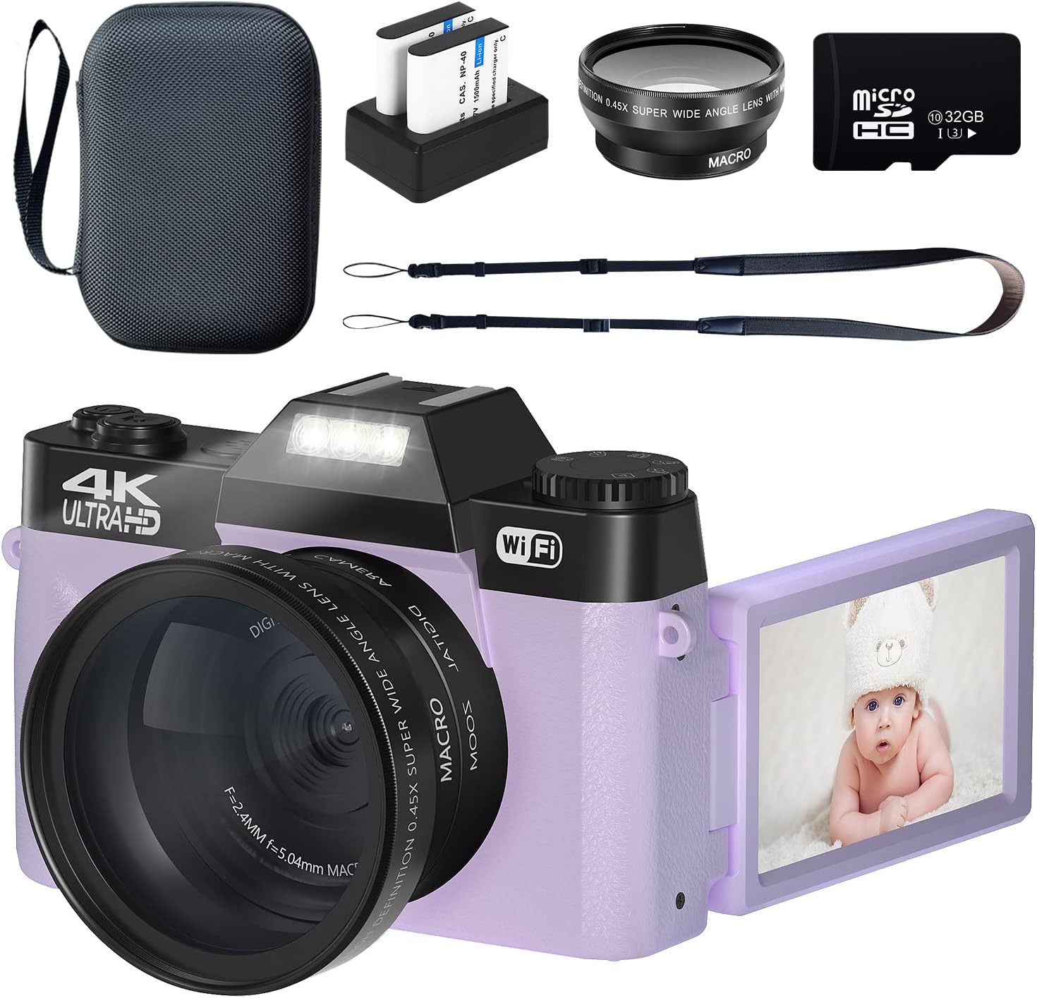 Black 4K 48MP Digital Camera with WiFi, 180° Flip Screen, 32GB SD Card, 2 Batteries I235