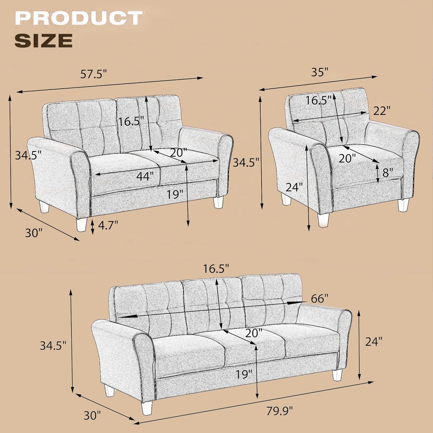 Light Grey-Blue 3-Seat Sectional Sofa Set I660