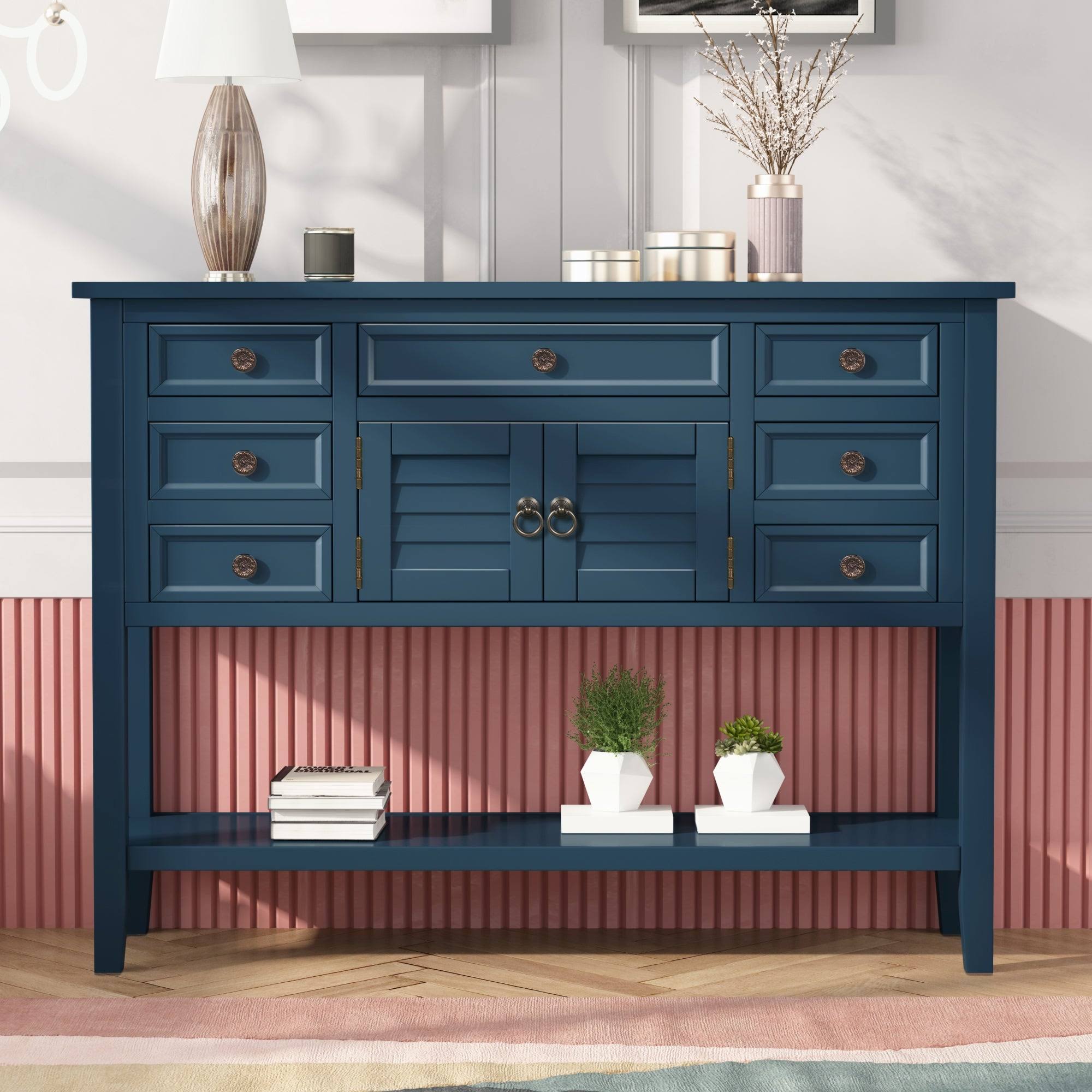 Blue Wood Console Table with 7 Storage Drawers and 1 Shelf Z7205