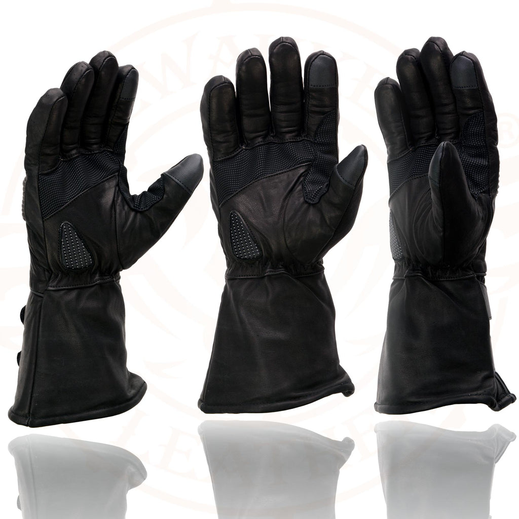 Black Cowhide Leather Gauntlet Motorcycle Gloves E45408