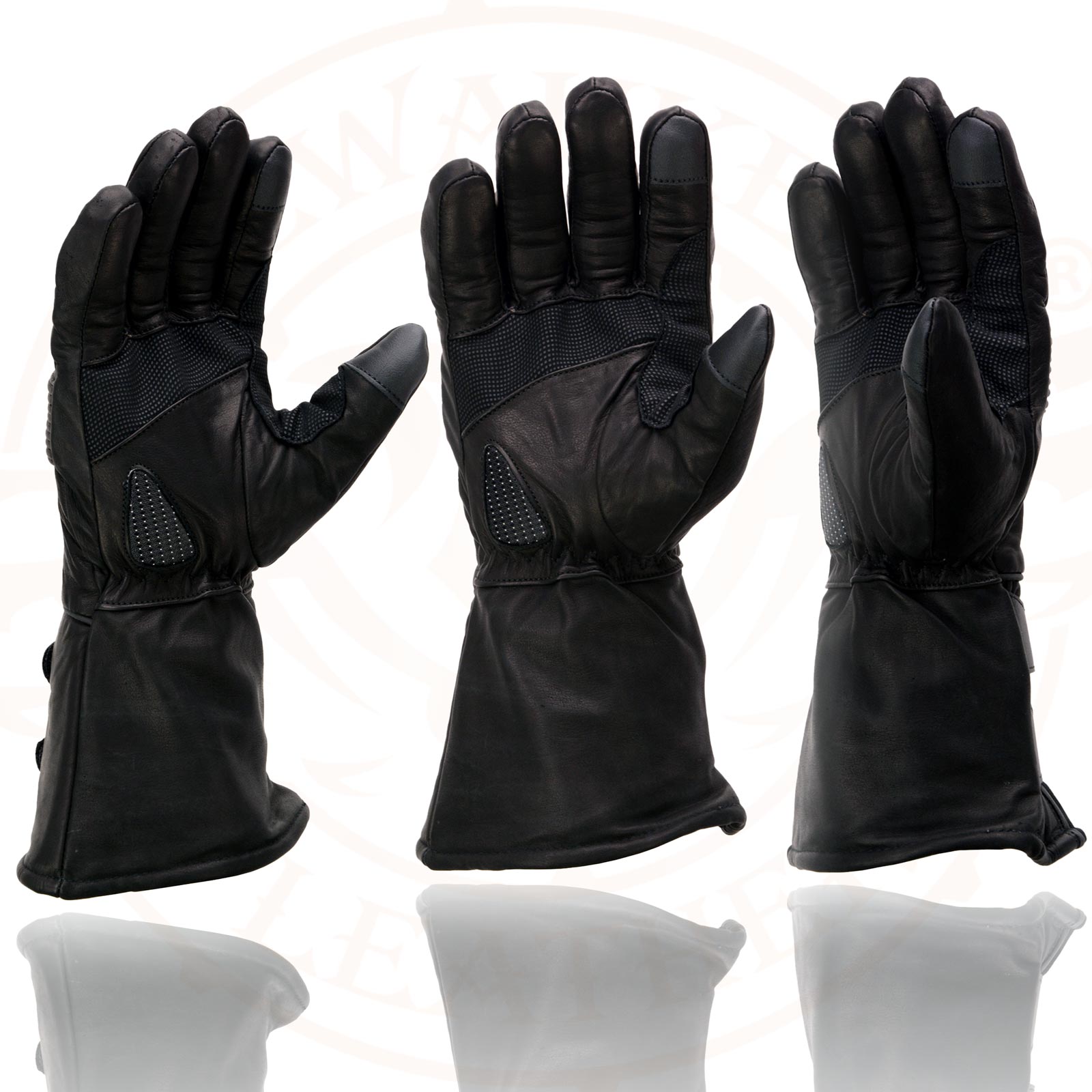Black Cowhide Leather Gauntlet Motorcycle Gloves E45408