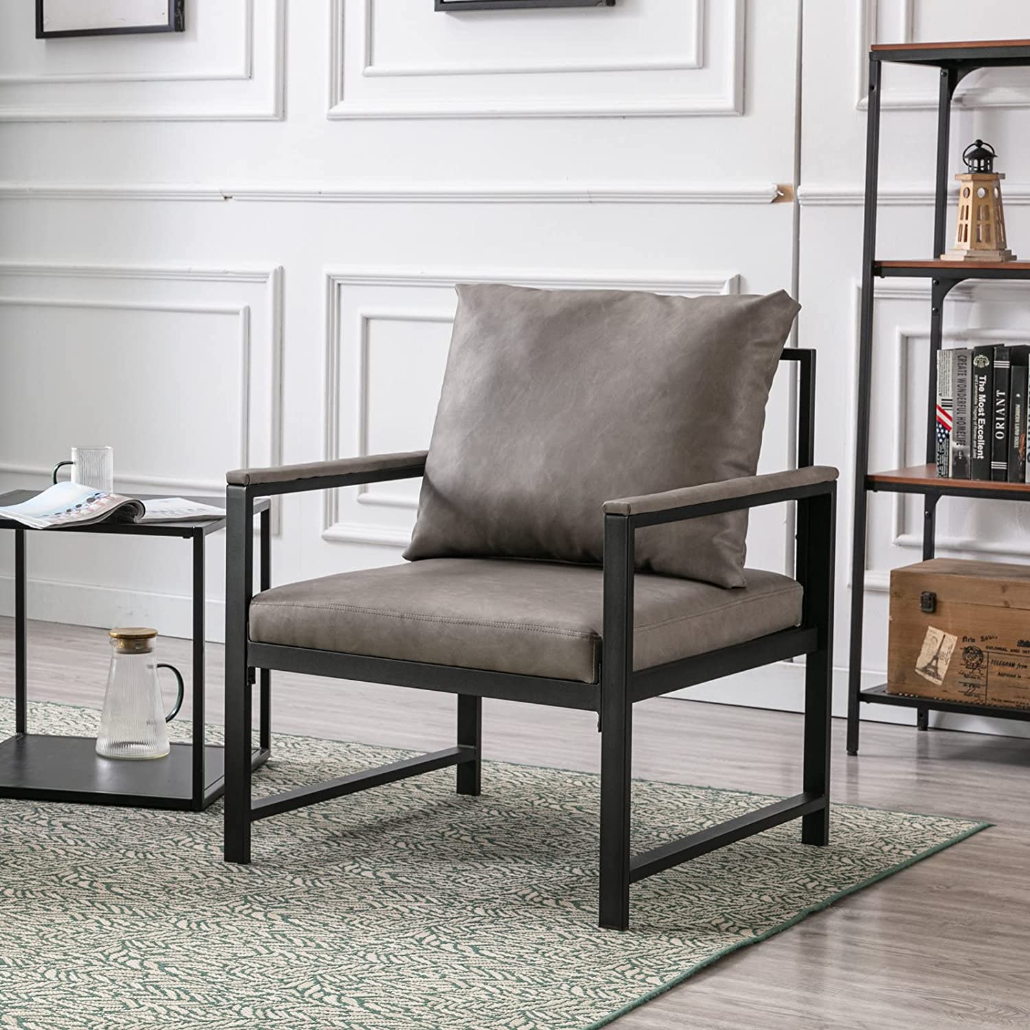 Gray Faux Leather Upholstered Accent Chair with Metal Frame J870218